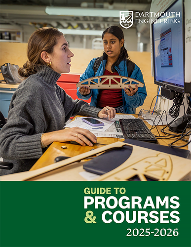 Two students work together on designing a bridge on the cover of the 2025-2026 Guide to Programs and Courses