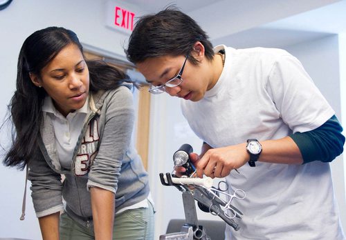 Two students working on biomaterials in a classroom