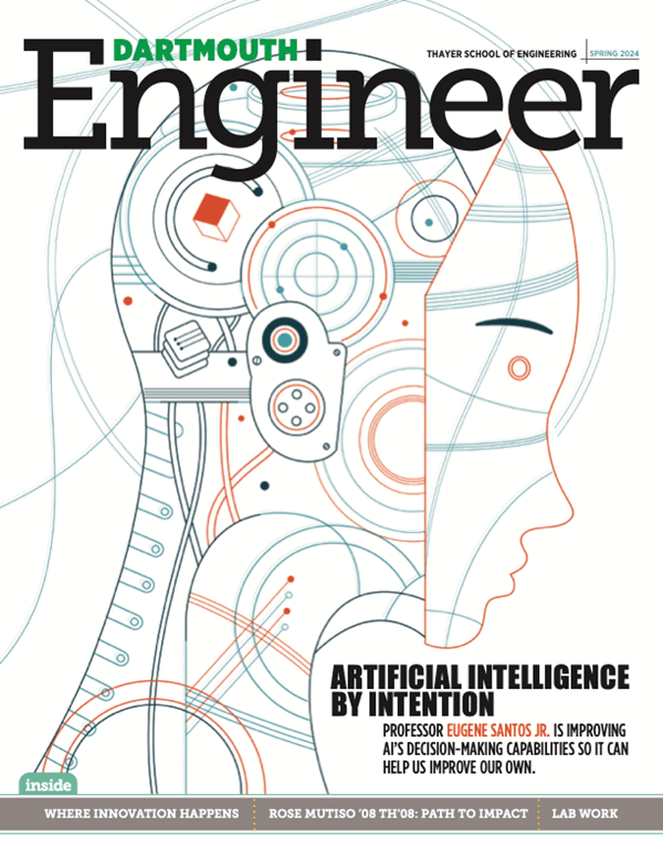 Dartmouth Engineering magazine Spring 2024 cover shows an illustration of a robot and human head with colorful gears.