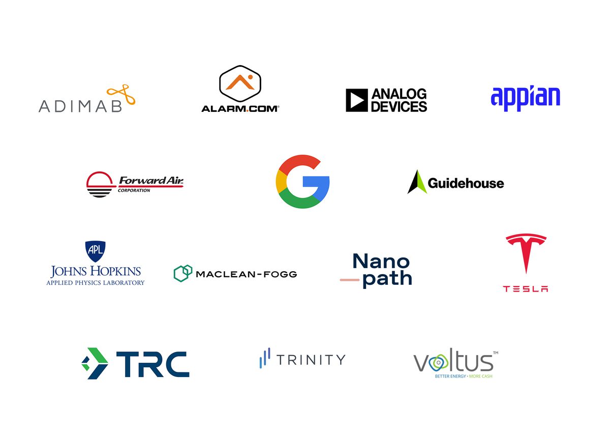 Employer partner logos: Adimab, Alarm.com, Analog Devices, appian, Forward Air, Google, Guidehouse, Johns Hopkins, MacLean-Fogg, Nano-path, Tesla, TRC, Trinity, Voltus