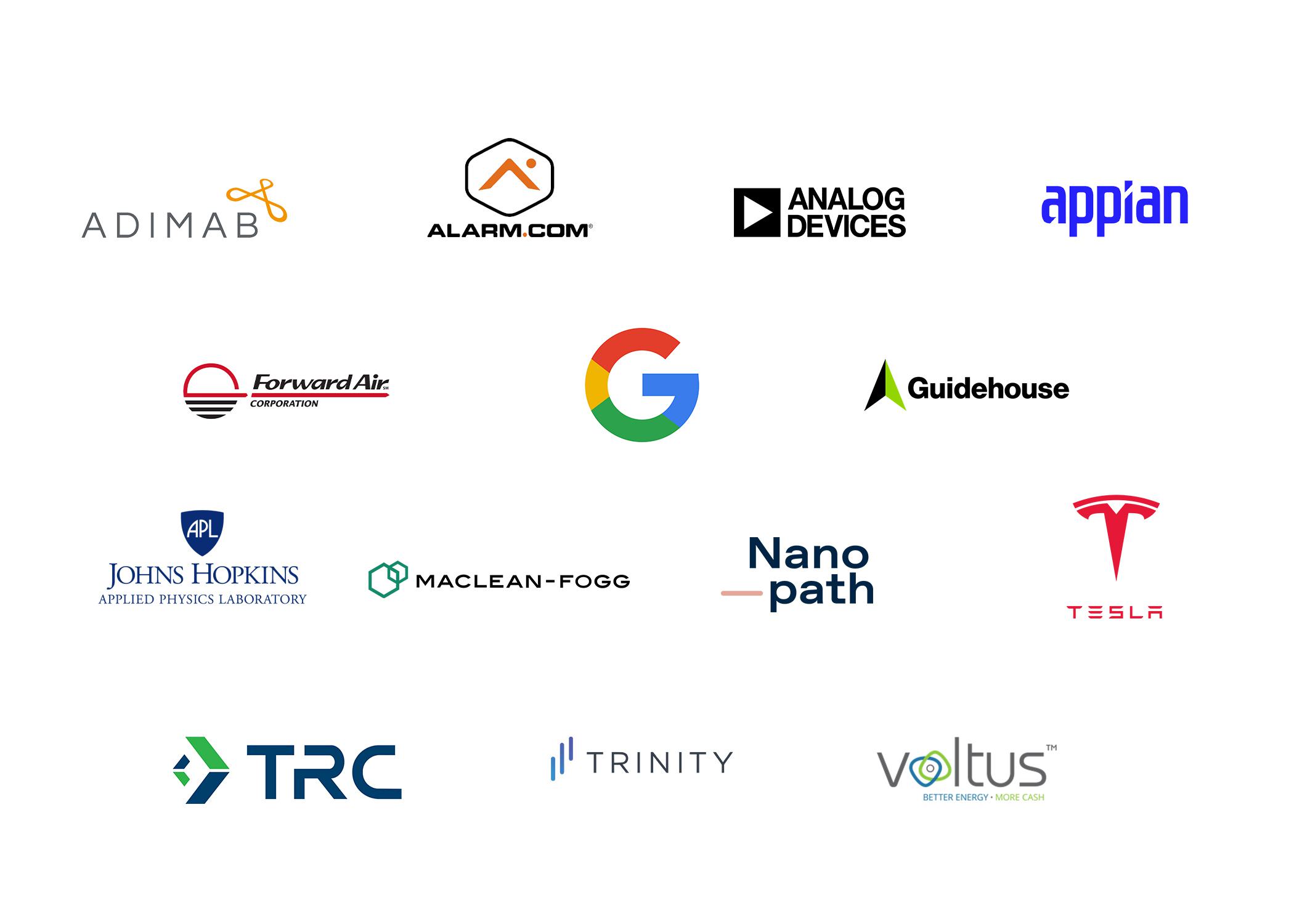 Employer partner logos: Adimab, alarm.com, analog devices, appian, forward air corporation, google, guidehouse, johns hopkins applied physics laboratory, maclean-fogg, nano path, tesla, TRC, Trinity, Voltus