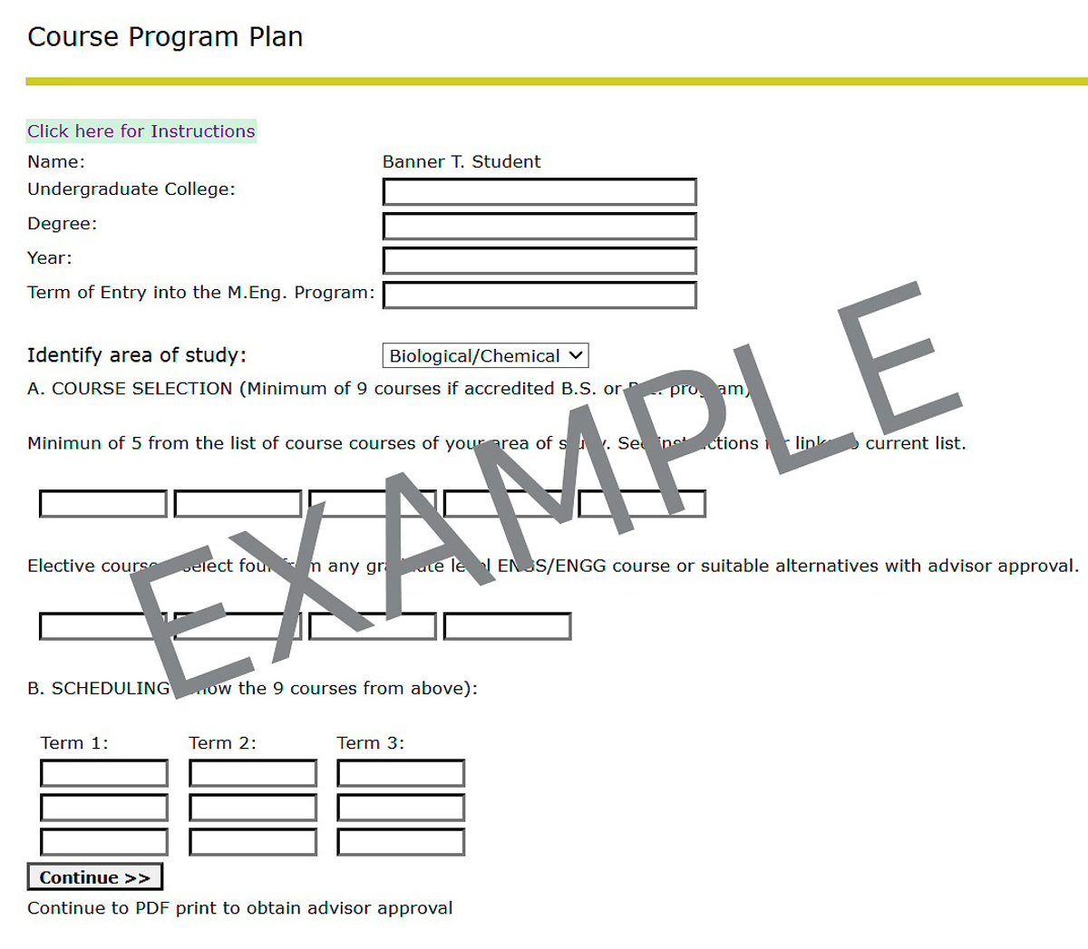 Example MEng Program Plan form in DartHub