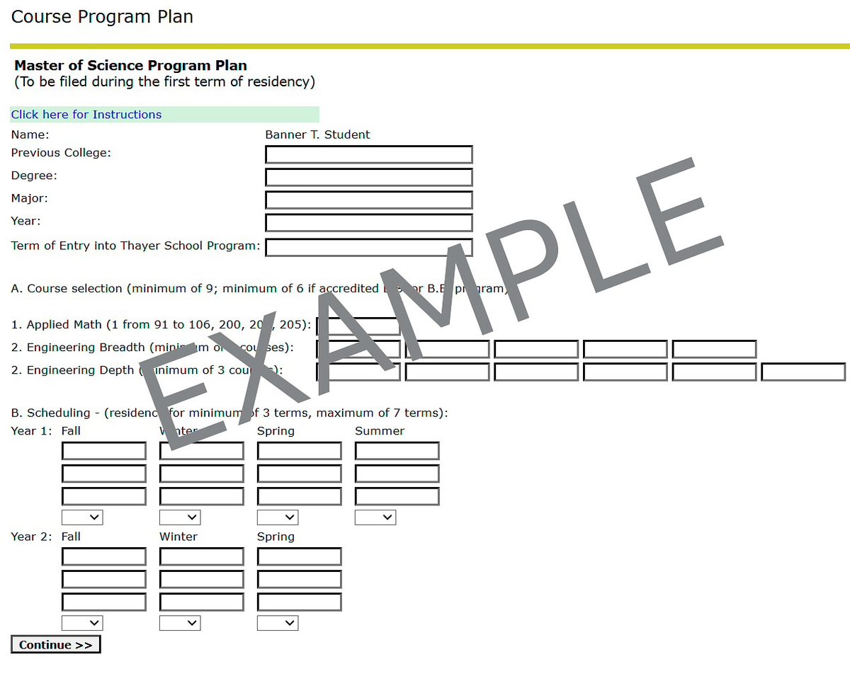 Example MS Program Plan form in DartHub
