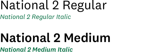 Examples of National 2 font, regular and medium