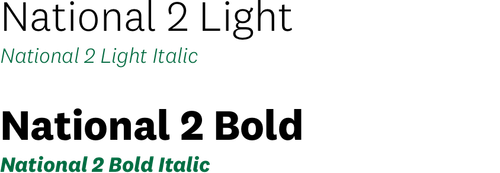 Examples of National 2 font, light and bold