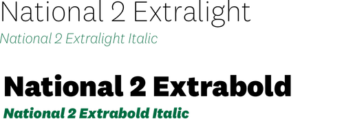Examples of National 2 font, extralight and extrabold
