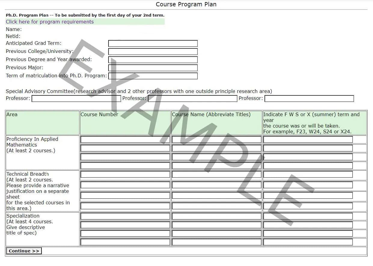 Example PhD Program Plan form in DartHub