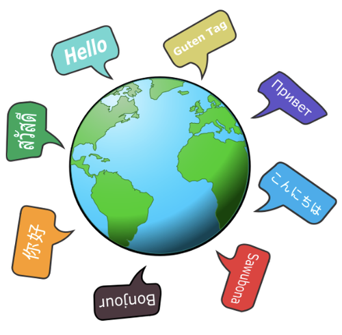 planet earth surrounded by "hello" written in a few different languages