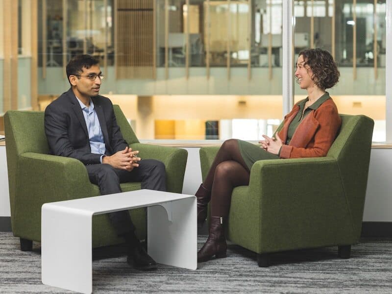 Professor Vikrant Vaze talks to Dean Alexis Abramson about his operations research.