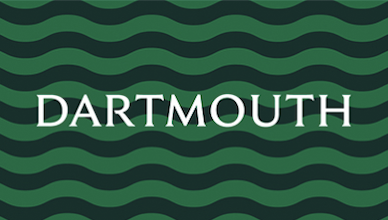 Example back of a business card with Dartmouth wordmark and green waves in the background