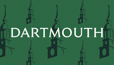 Example back of a business card with Dartmouth wordmark and a black clock towers in the background
