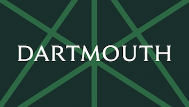 Example back of a business card with Dartmouth wordmark and a green geometric pine tree in the background
