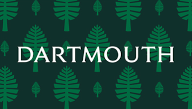 Example back of a business card with Dartmouth wordmark and a multiple green lone pines