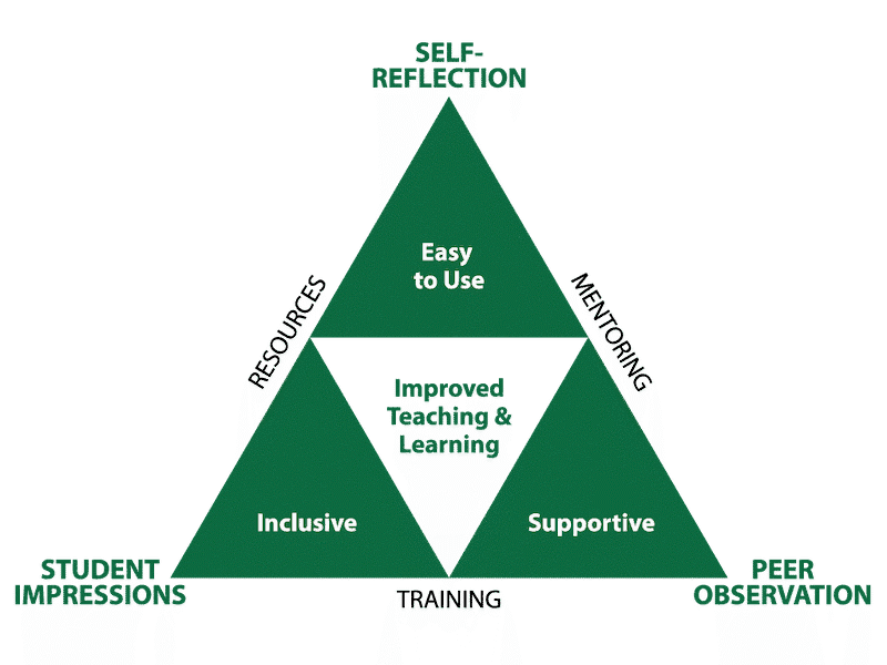 A triangular approach to improved teaching and learning is achieved when teaching and learning is easy to use, supportive, and inclusive; and student impressions, self-reflection, and peer observation are connected through resources, mentoring, and training