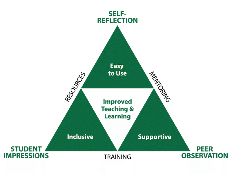 A triangular approach to improved teaching and learning is achieved when teaching and learning is easy to use, supportive, and inclusive; and student impressions, self-reflection, and peer observation are connected through resources, mentoring, and training